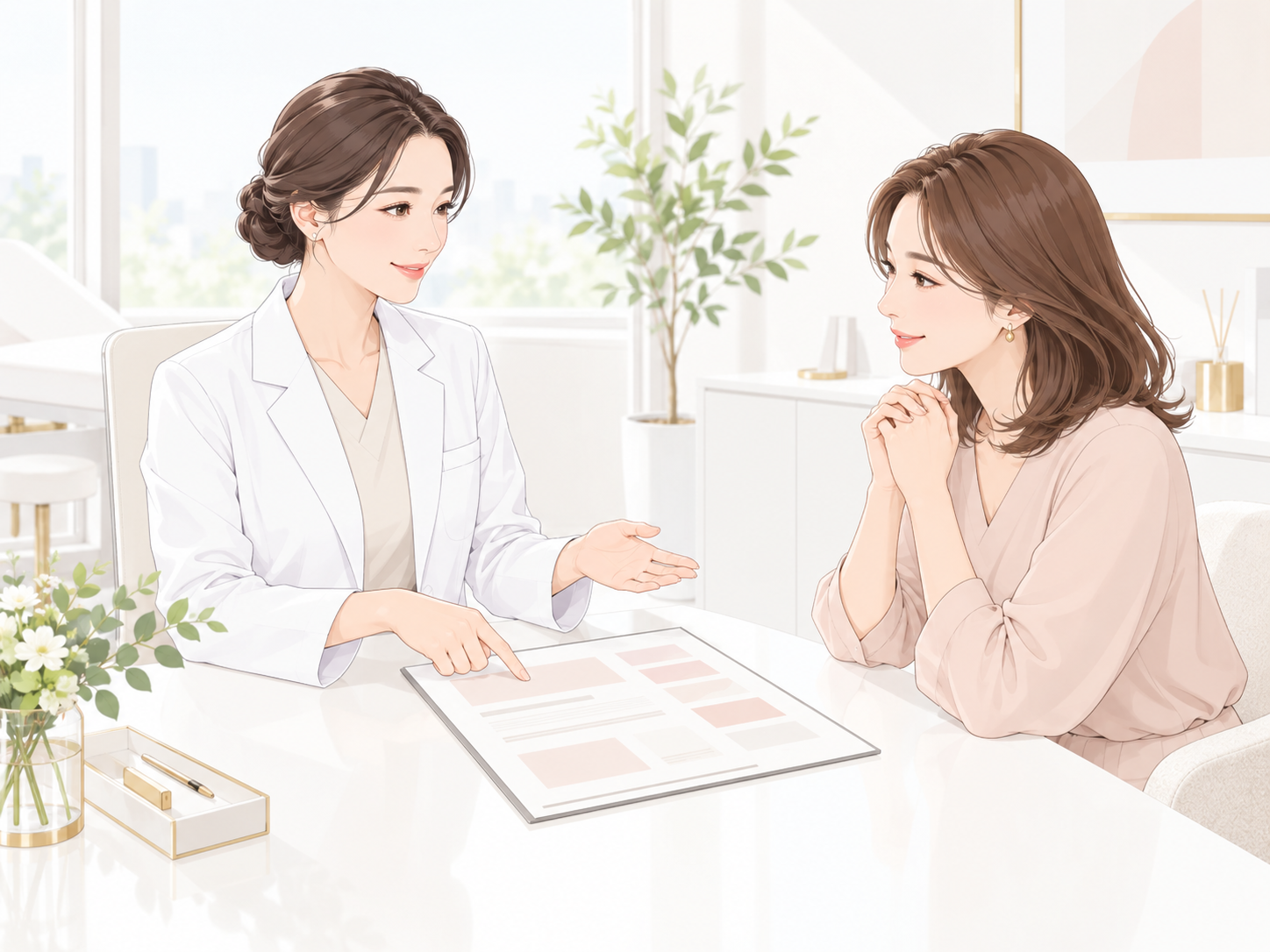 診察室で女性医師から費用の説明を受ける女性